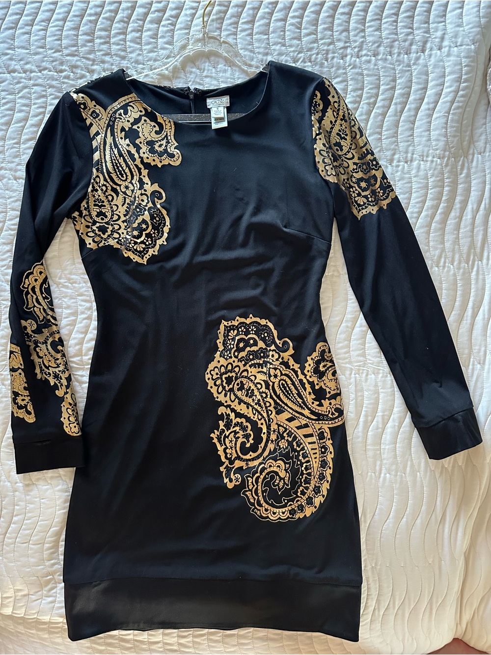 Cache Black Long-Sleeve Dress with Gold Paisley Print